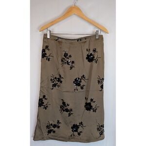NVLT Oak Brown Sequin Floral Satin Midi Skirt NWT Size Small back slit